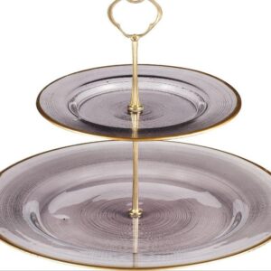 Anthracite Glass 2-Tier Cake Stand Gold Rim