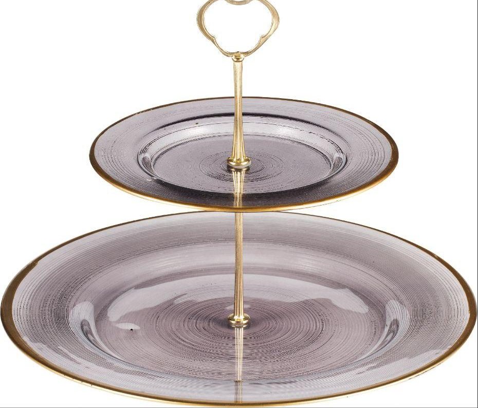 Anthracite Glass 2-Tier Cake Stand Gold Rim