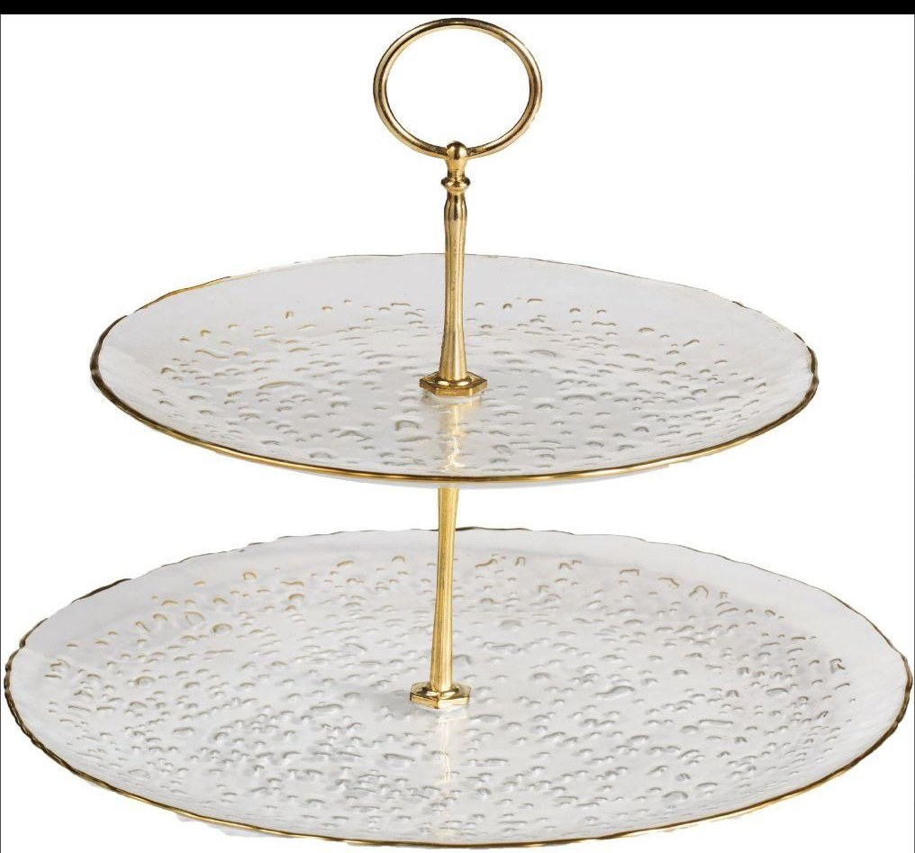 Transparent Gold-Rim Hammered Glass 2-Tier Cake Stand