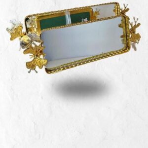 Gold Mirrored Rectangular Tray with Floral Trim